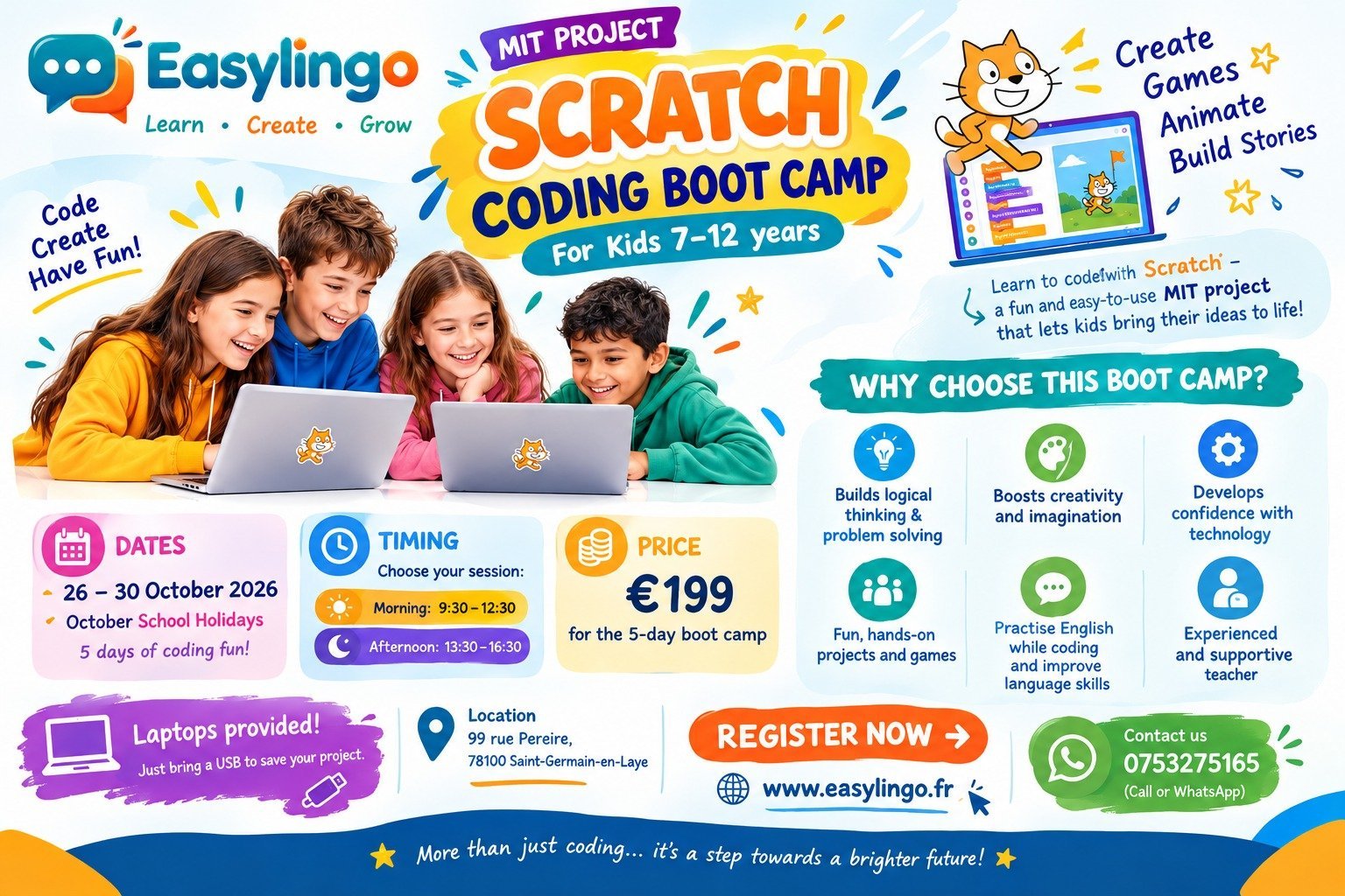 EasyLingo Scratch Coding Boot Camp, 26–30 October 2026, 199 euros, kids 7–12
